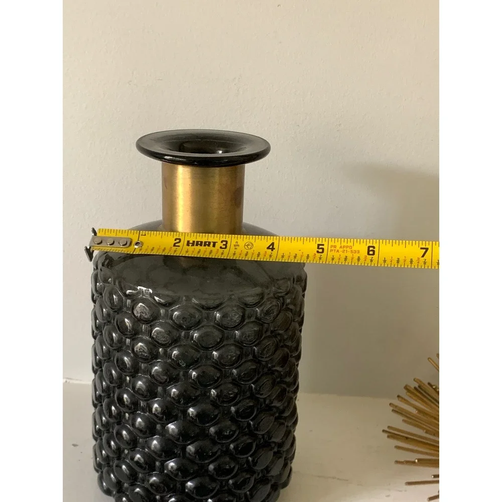 Smoky Gray Textured Glass Vase with‎ Gold Neck Mid Century Modern Decor 9.5